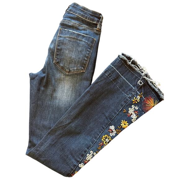 Ashley Mason Boho Floral Embroidered Flare Jeans 00/23 High Rise Tall - Picture 2 of 8